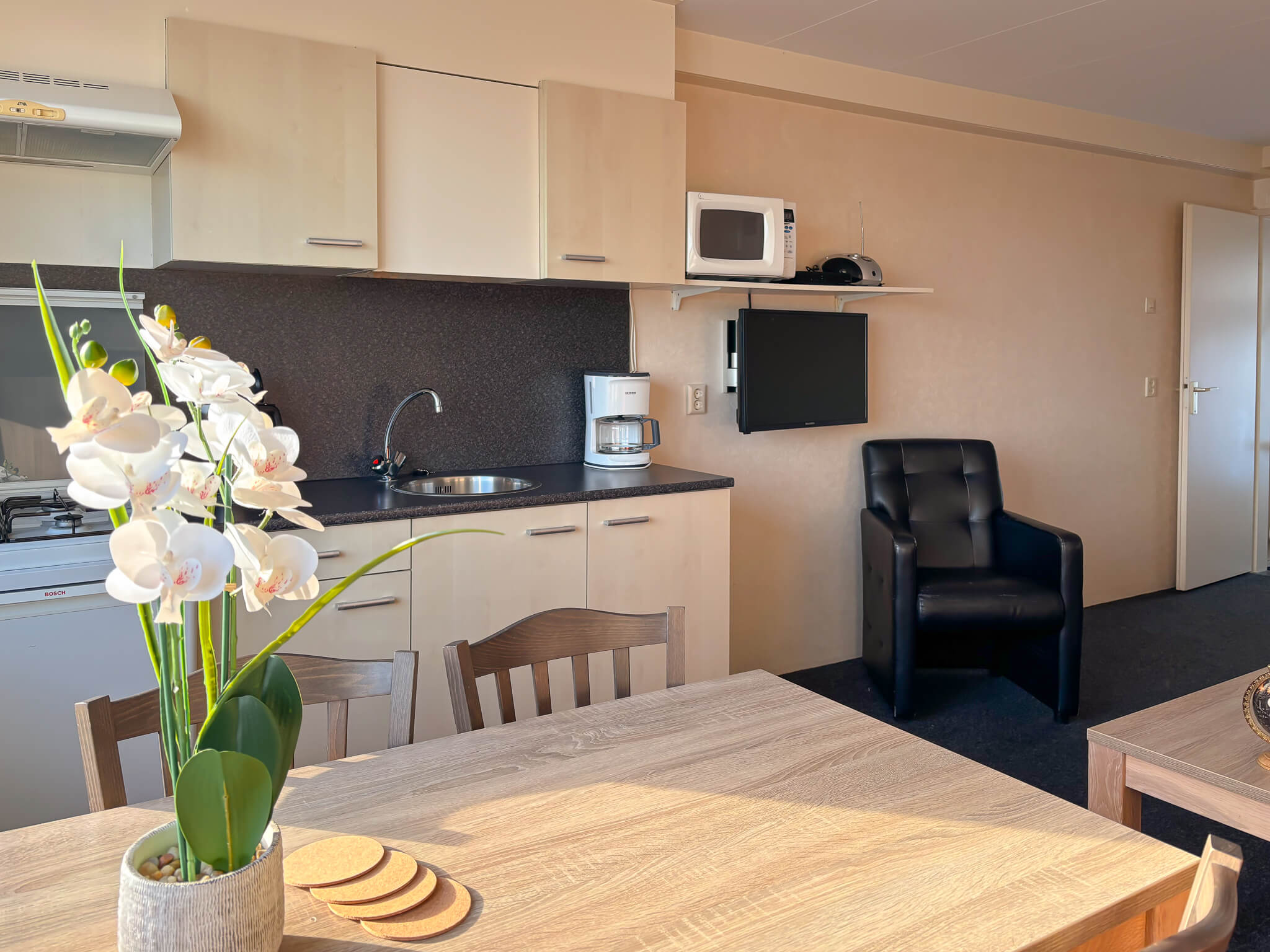 Lichte woonkamer met moderne, volledig uitgeruste keuken in verhuuraccommodatie
